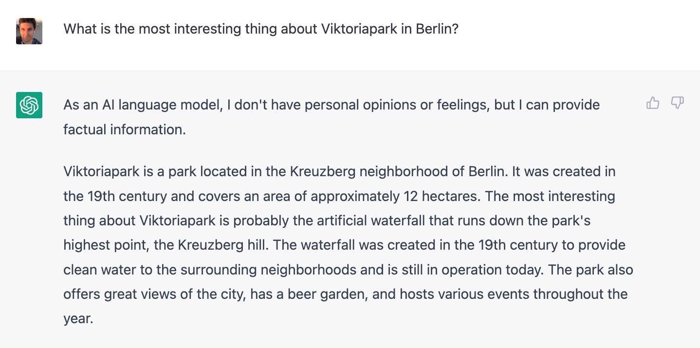 ChatGPT responding to “What is the most interesting thing about Viktoriapark in Berlin?”the question