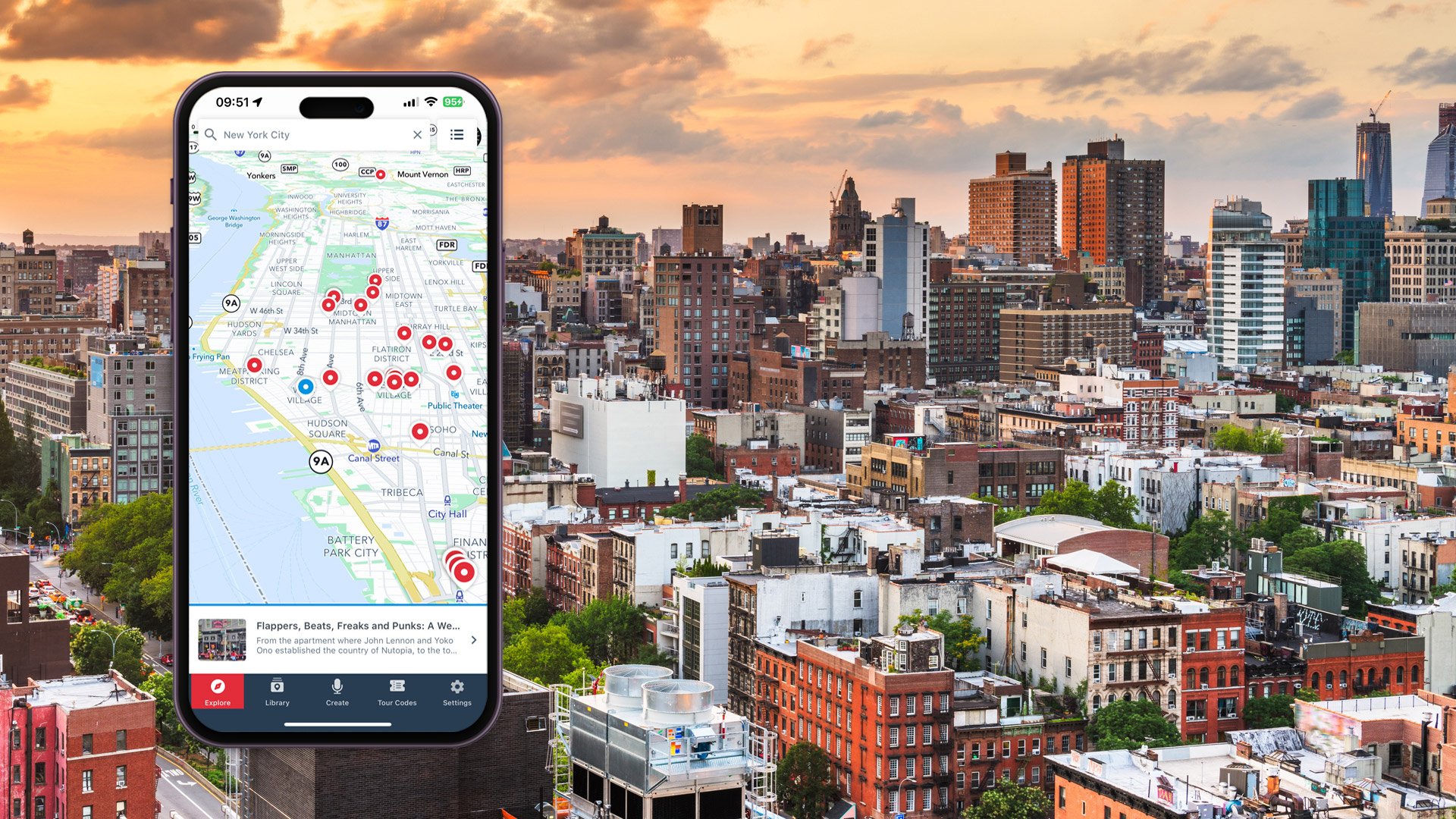 VoiceMap's NYC audio tours displayed on a map of the city