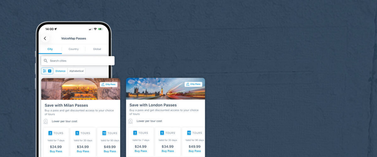 Screenshots of the new tour passes available in version 15 of the VoiceMap app, codenamed "Milan".